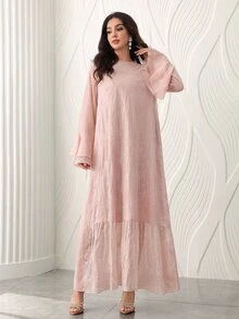 Yasmyna 粉色刺繡蕾絲長款雙層喇叭袖寬鬆休閒約會通勤優雅阿拉伯風洋裝 - 粉色 - 查看 5