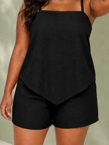 ELLERISSA Plus Size Black Linen Cami Top & Shorts Co-Ord Set - Black - View 7