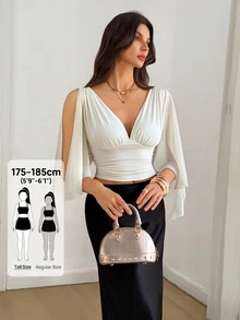 SHEIN Tall Plunging Neck Split Sleeve Ruched Bust Crop Top - Beige - View 3