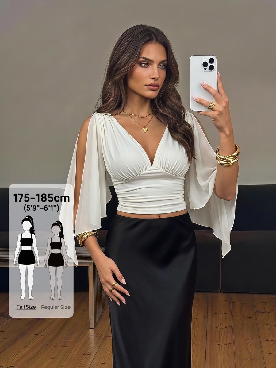 SHEIN Tall Plunging Neck Split Sleeve Ruched Bust Crop Top - Beige - View 1