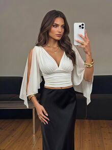 SHEIN Tall Plunging Neck Split Sleeve Ruched Bust Crop Top - Beige - View 7
