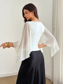 SHEIN Tall Plunging Neck Split Sleeve Ruched Bust Crop Top - Beige - View 2
