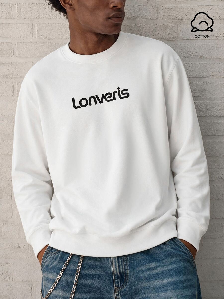 Lonveris Men's Letter Print Casual Daily Long Sleeve Sweatshirt - White - View 1