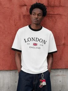 Lonveris 時尚休閒英倫風倫敦字母與國旗組合印花男士純棉白色短袖黑色拼接修身T恤 - 白色 - 查看 5