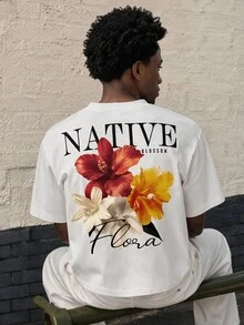 Lonveris 彩色花卉手寫字體休閒印花男士白色標準尺寸短版寬鬆短袖T恤 - 白色 - 查看 5