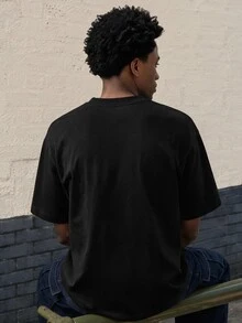 Lonveris 男士黑色 100% 純棉修身 T 恤，印有 Los Angeles 口號圖案 - 黑色 - 查看 2