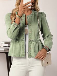 EMERY ROSE Chaqueta vaquera casual de mujer con mangas largas, abotonadura sencilla y bajo con volantes, chaqueta verde de primavera para mujer, chaqueta verde ligera para mujer - Verde militar - Ver 5
