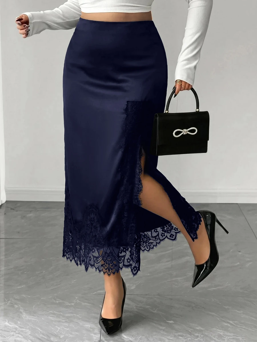 Reflora Plus Size Women Lace Patchwork Slit Design Casual Versatile Skirt - Navy Blue - View 1