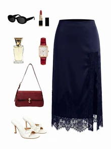 Reflora Plus Size Women Lace Patchwork Slit Design Casual Versatile Skirt - Navy Blue - View 2