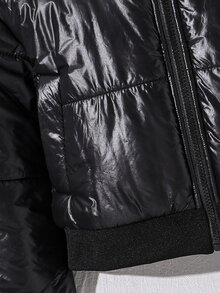 SHEIN 青少年女孩外套 女孩冬款夾棉外套 抓絨內裡 短版寬鬆版型 黑色 學校健身房穿搭 街頭風圖案 - 黑色 - 查看 6
