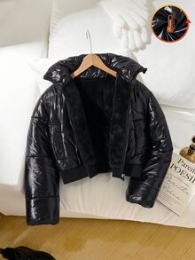 SHEIN 青少年女孩外套 女孩冬款夾棉外套 抓絨內裡 短版寬鬆版型 黑色 學校健身房穿搭 街頭風圖案 - 黑色 - 查看 9