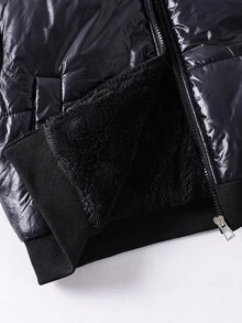 SHEIN 青少年女孩外套 女孩冬款夾棉外套 抓絨內裡 短版寬鬆版型 黑色 學校健身房穿搭 街頭風圖案 - 黑色 - 查看 10