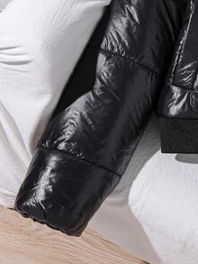 SHEIN 青少年女孩外套 女孩冬款夾棉外套 抓絨內裡 短版寬鬆版型 黑色 學校健身房穿搭 街頭風圖案 - 黑色 - 查看 7