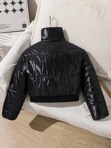 SHEIN 青少年女孩外套 女孩冬款夾棉外套 抓絨內裡 短版寬鬆版型 黑色 學校健身房穿搭 街頭風圖案 - 黑色 - 查看 3