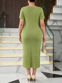 Modelyn Plus Size Women's Round Neck Casual Minimalist Party Knit Dress - Green - View 2