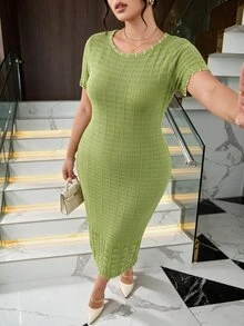 Modelyn Plus Size Women's Round Neck Casual Minimalist Party Knit Dress - Green - View 3