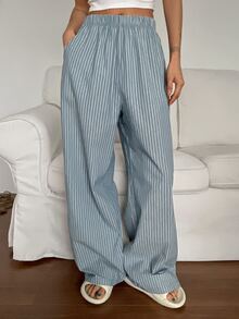 DAZY Casual Striped Loose Straight Leg Lounge Cozy Pants, Pajama, Fall & Winter - Dusty Blue - View 4