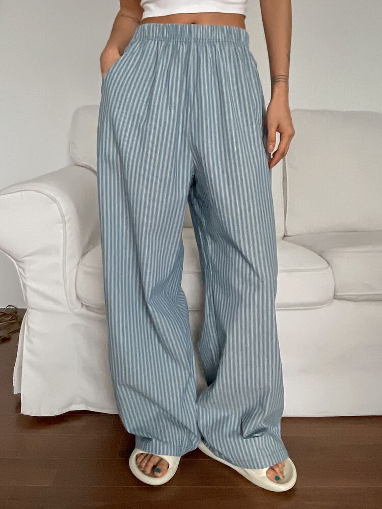 DAZY Casual Striped Loose Straight Leg Lounge Cozy Pants, Pajama, Fall & Winter - Dusty Blue - View 4
