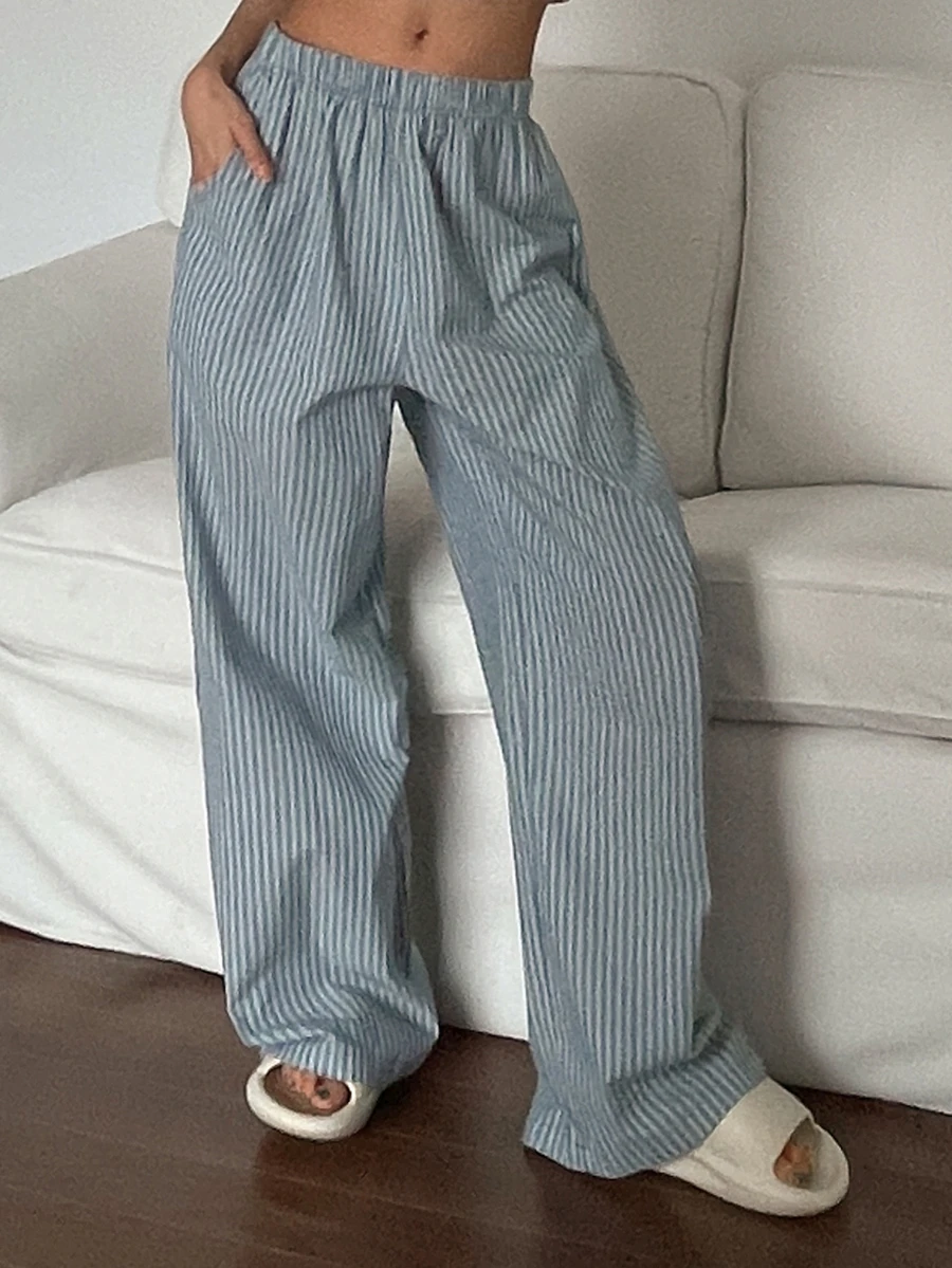 DAZY Casual Striped Loose Straight Leg Lounge Cozy Pants, Pajama, Fall & Winter - Dusty Blue - View 1