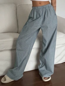 DAZY Casual Striped Loose Straight Leg Lounge Cozy Pants, Pajama, Fall & Winter - Dusty Blue - View 5