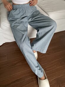 DAZY Casual Striped Loose Straight Leg Lounge Cozy Pants, Pajama, Fall & Winter - Dusty Blue - View 3