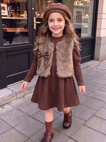 SHEIN Elladie kids 2件組女童幼兒秋冬新款返校紫色復古軟綿中厚長毛絨針織皮革蝴蝶結 - 咖啡棕 - 查看 1