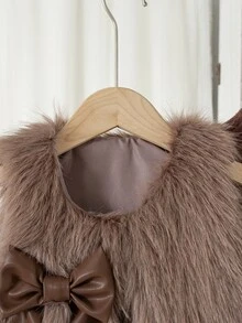 SHEIN Elladie kids 2件組女童幼兒秋冬新款返校紫色復古軟綿中厚長毛絨針織皮革蝴蝶結 - 咖啡棕 - 查看 4