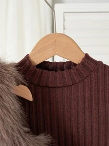 SHEIN Elladie kids 2件組女童幼兒秋冬新款返校紫色復古軟綿中厚長毛絨針織皮革蝴蝶結 - 咖啡棕 - 查看 6