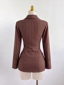 Elamini 女款秋冬優雅套裝，百搭日常通勤派對街頭風，條紋收腰長袖上衣 + 低腰條紋裙 2件套 - 棕色 - 查看 2