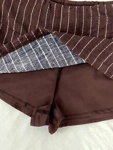 Elamini 女款秋冬優雅套裝，百搭日常通勤派對街頭風，條紋收腰長袖上衣 + 低腰條紋裙 2件套 - 棕色 - 查看 3