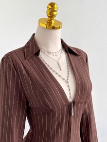 Elamini 女款秋冬優雅套裝，百搭日常通勤派對街頭風，條紋收腰長袖上衣 + 低腰條紋裙 2件套 - 棕色 - 查看 8