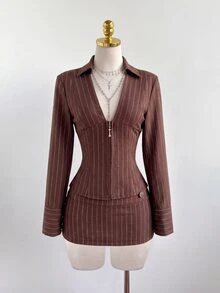 Elamini 女款秋冬優雅套裝，百搭日常通勤派對街頭風，條紋收腰長袖上衣 + 低腰條紋裙 2件套 - 棕色 - 查看 1