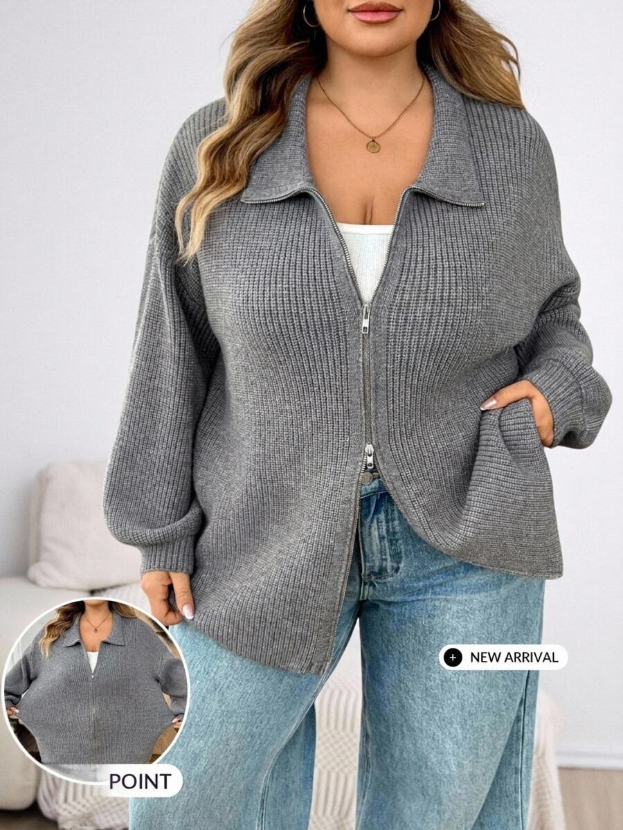 SHEIN CURVE+ Plus Size Women's Double Zipper Grey Long Sleeve Sweater Winter - Dark Grey - View 1