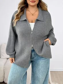 SHEIN CURVE+ Plus Size Women's Double Zipper Grey Long Sleeve Sweater Winter - Dark Grey - View 3