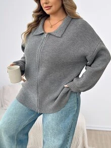 SHEIN CURVE+ Plus Size Women's Double Zipper Grey Long Sleeve Sweater Winter - Dark Grey - View 8