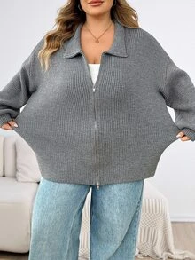 SHEIN CURVE+ Plus Size Women's Double Zipper Grey Long Sleeve Sweater Winter - Dark Grey - View 4