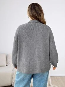 SHEIN CURVE+ Plus Size Women's Double Zipper Grey Long Sleeve Sweater Winter - Dark Grey - View 2