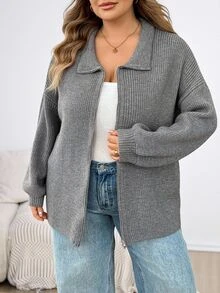 SHEIN CURVE+ Plus Size Women's Double Zipper Grey Long Sleeve Sweater Winter - Dark Grey - View 7