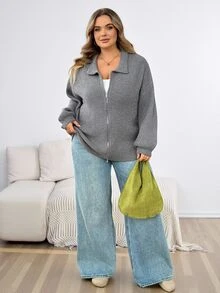 SHEIN CURVE+ Plus Size Women's Double Zipper Grey Long Sleeve Sweater Winter - Dark Grey - View 5
