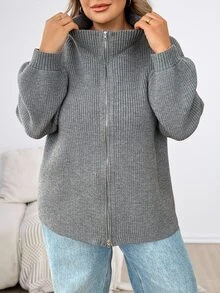 SHEIN CURVE+ Plus Size Women's Double Zipper Grey Long Sleeve Sweater Winter - Dark Grey - View 6