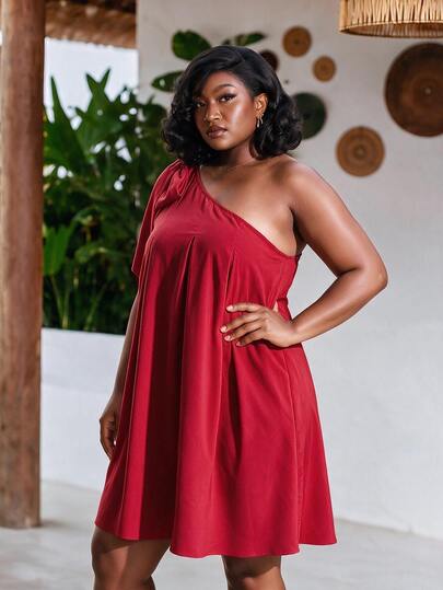 CurvyTilda Gaun Kasual Merah Polos Sederhana untuk Wanita Ukuran Besar, Cocok untuk Pakaian Sehari-hari/Hari Valentine