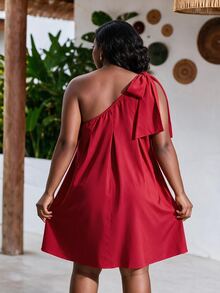 CurvyTilda Plus Size Women's Simple Solid Red Casual Elegant Dress, Everyday Wear/Valentine's Day Tea Party Summer - Red - View 3