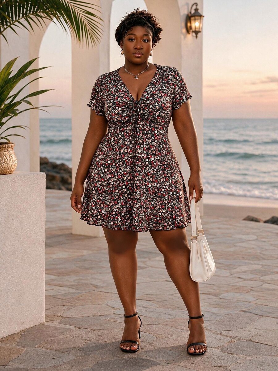 CurvyTilda Plus Size Women's Casual V-Neck Ditsy Floral Dress - Multicolor - View 1
