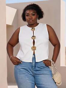 CurvyTilda Plus Size Women White Sleeveless Cardigan Top, Rose Gold Metal Button Decor Design - White - View 2