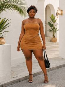 CurvyTilda Plus Size Women 2-Piece Set,Brown Bandeau Crop Top And Mini Skirt,Suede Fabric Rivet Decor, Night Out Club Rave Sommar Summer Style Party Outfit - Brown - View 5