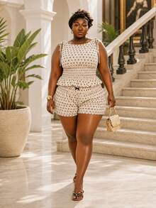 CurvyTilda Plus Size Women's Cute Beige Polka Dot Print Sleeveless Top And Shorts 2 Pieces Set,Summer Vacation Holiday Outfit,Casual Beach Party Set - Apricot - View 5