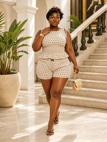 CurvyTilda Plus Size Women's Cute Beige Polka Dot Print Sleeveless Top And Shorts 2 Pieces Set,Summer Vacation Holiday Outfit,Casual Beach Party Set - Apricot - View 4