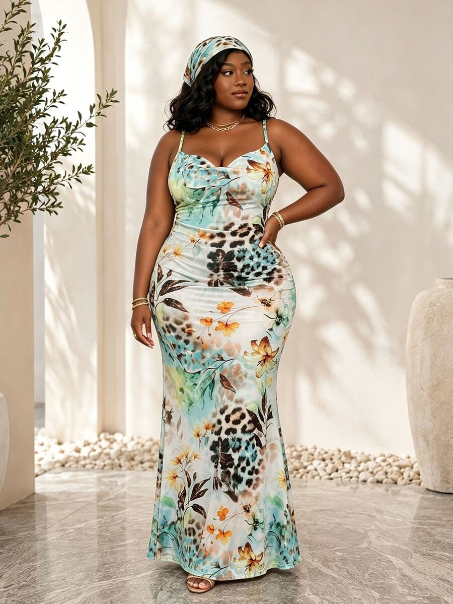 CurvyTilda Plus Size Floral Leopard Print Bodycon Slip Maxi Dress With Scarf,White,Summer,Boho,Bachelorette Party,Beach,Holiday Tropical Long Dress For Party