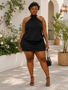 CurvyTilda Plus Size Women's Solid Color Halter Neck Fashionable Date Party Dress, Spring/Summer - Black - View 3