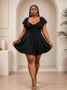CurvyTilda Plus Size Women Casual Sweetheart Neck Short Sleeve Front Tie Wrap Dress - Black - View 3